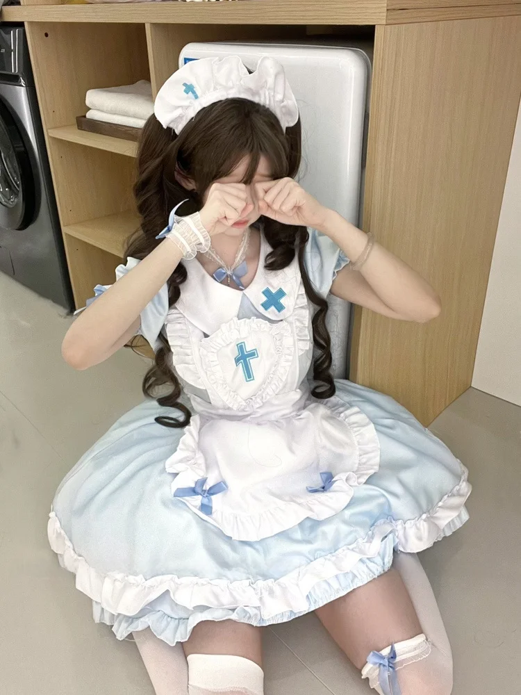 

Пастельно-сине-розовый костюм для косплея в стиле Cross Battle Maid, сексуальный костюм Лолиты для Хэллоуина, милый костюм с высокой талией и пышными элементами