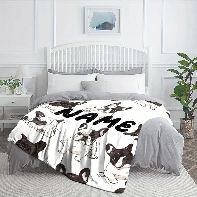 Custom name black and white pet dog flannel blanket, suitable for sofa, bed, birthdays, children, friends, gifts