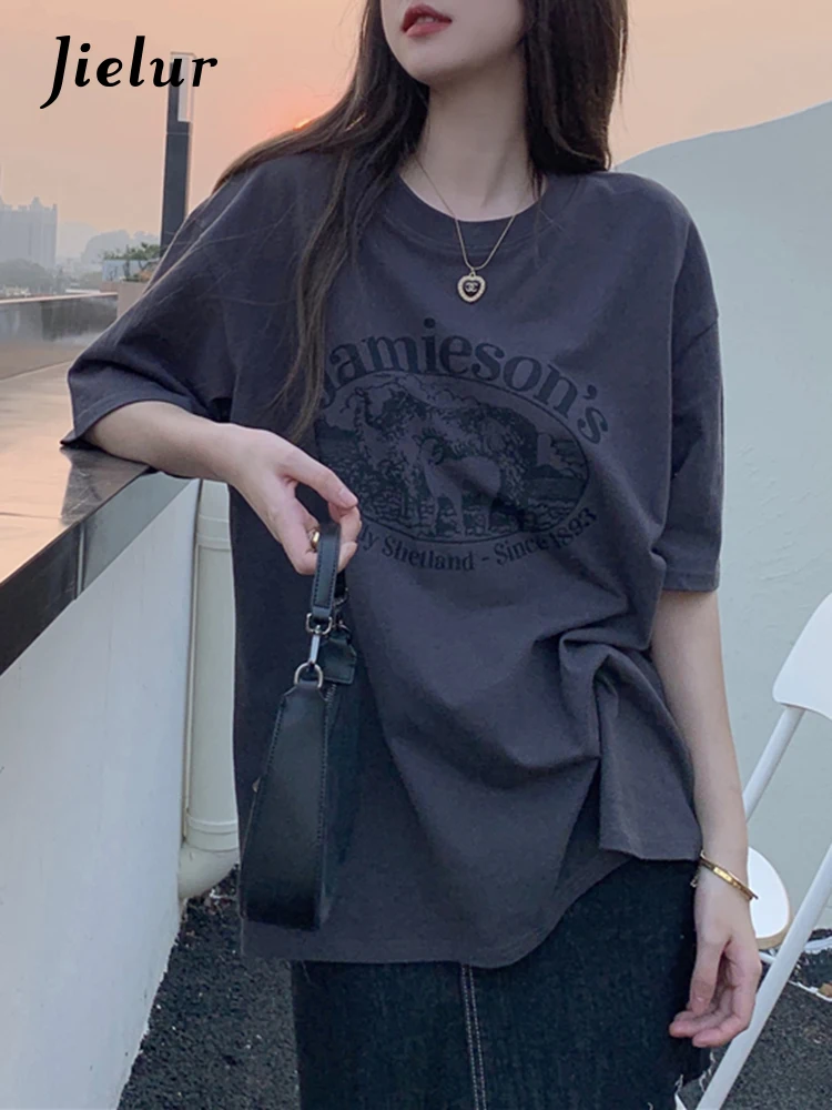Jielur Letter Print Female T-shirt Summer Fashion Loose T Shirts Women Short Sleeve Cool Young BF Harajuku Top Dark Grey