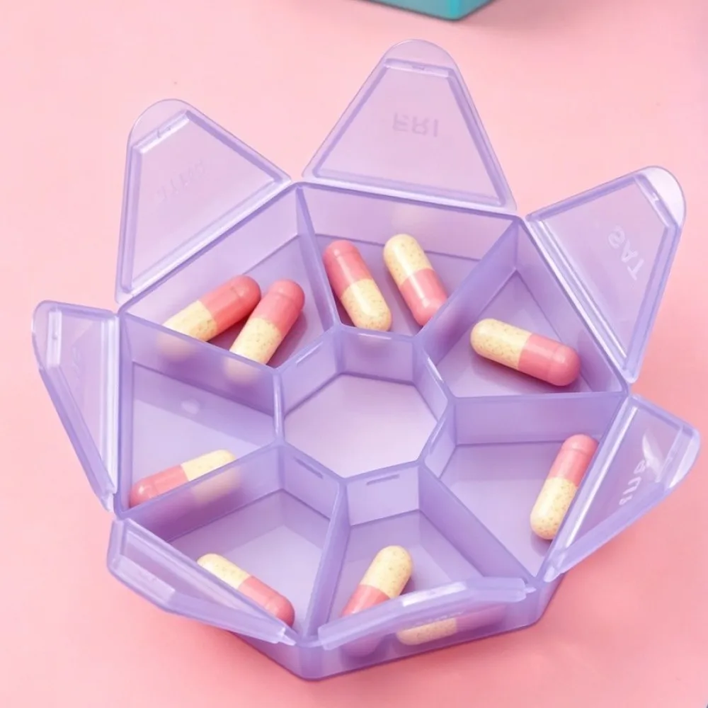 7‑Day Weekly Pill Box, Portable Round 7 Compartments Medication Organizer, Daily Pill Case for Vitamin Capsule Medicine Storage, Purple, 1 Pc
