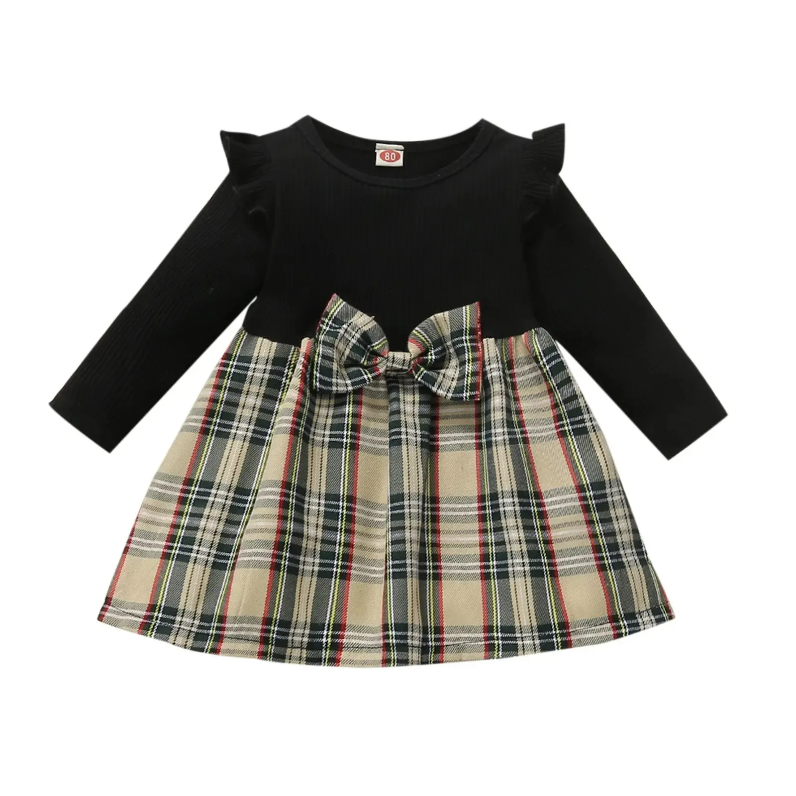 New New Baby Girl Spring and Autumn Flying Sleeves Long sleeved Patched Checkered Bow Dress