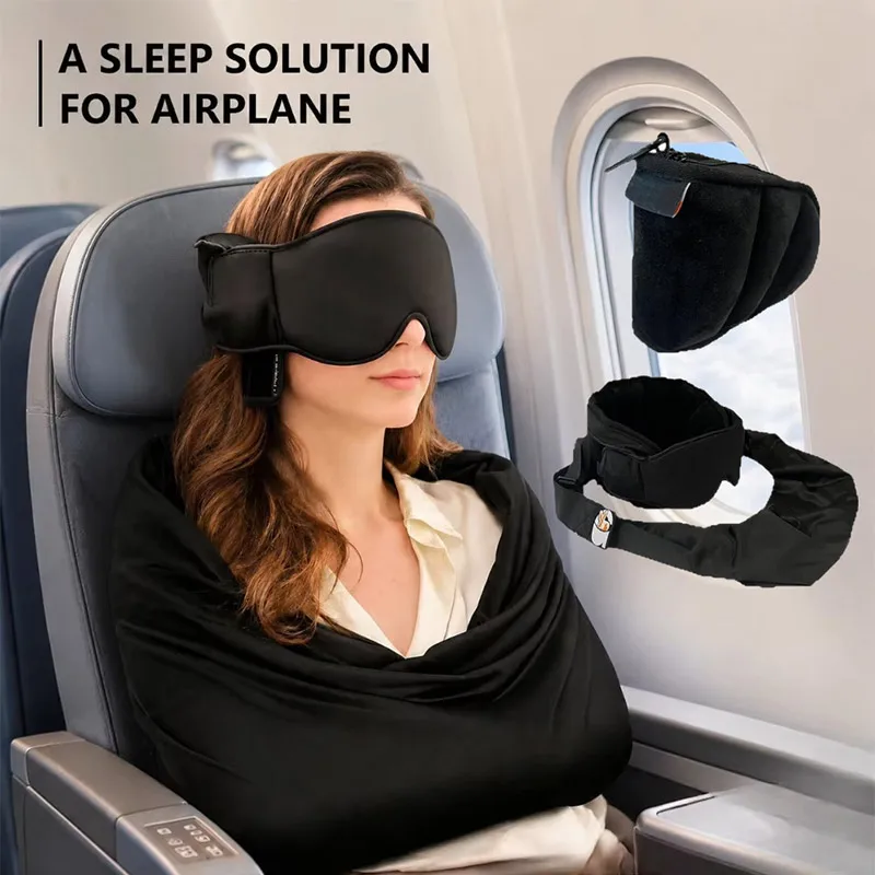 3-in-1 Airplane Sleep Kit Memory Foam Flight Pillow Adjustable Eye Mask Blanket Body Strap Long Haul Travel Sleeping Accessories