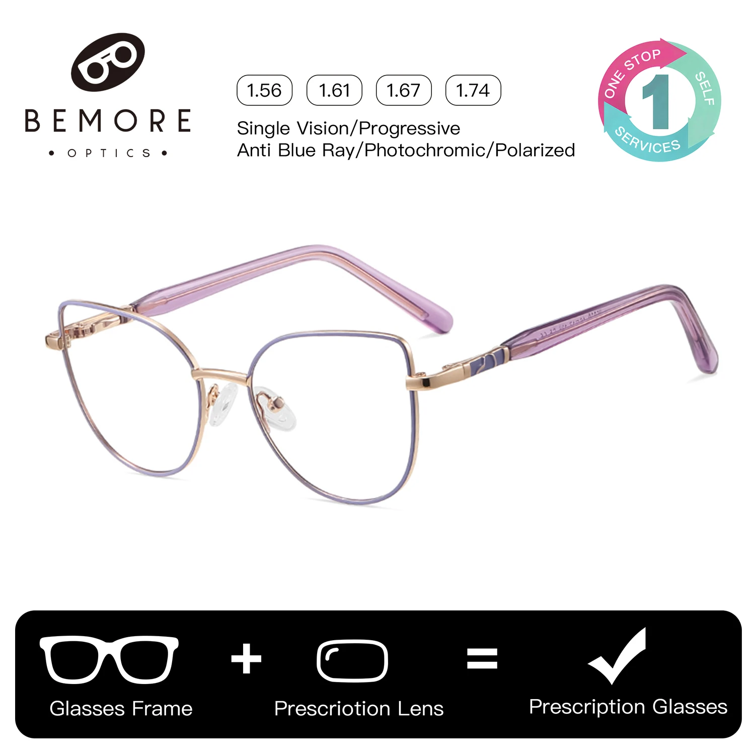 

BEMORE Girls Square Butterfly High-Quality Metal Optical Glasses with Recipe Anti-Blue Ray Progressive Prescription Eyewear