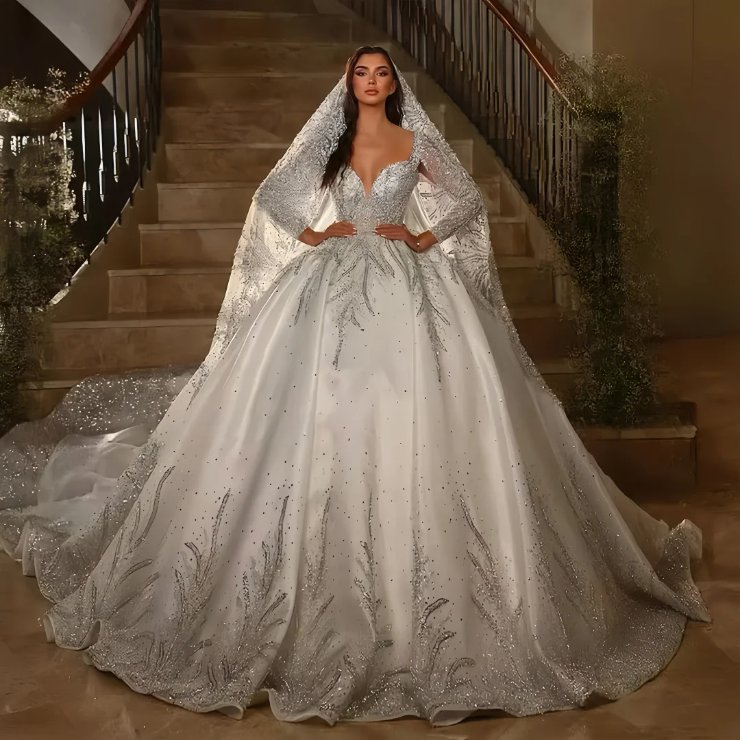 

Customized Luxury Satin Ball Gown Wedding Dress Lace Pearls Beaded LongSleeves Sheer Neck Bridal GownVestidos De Novia