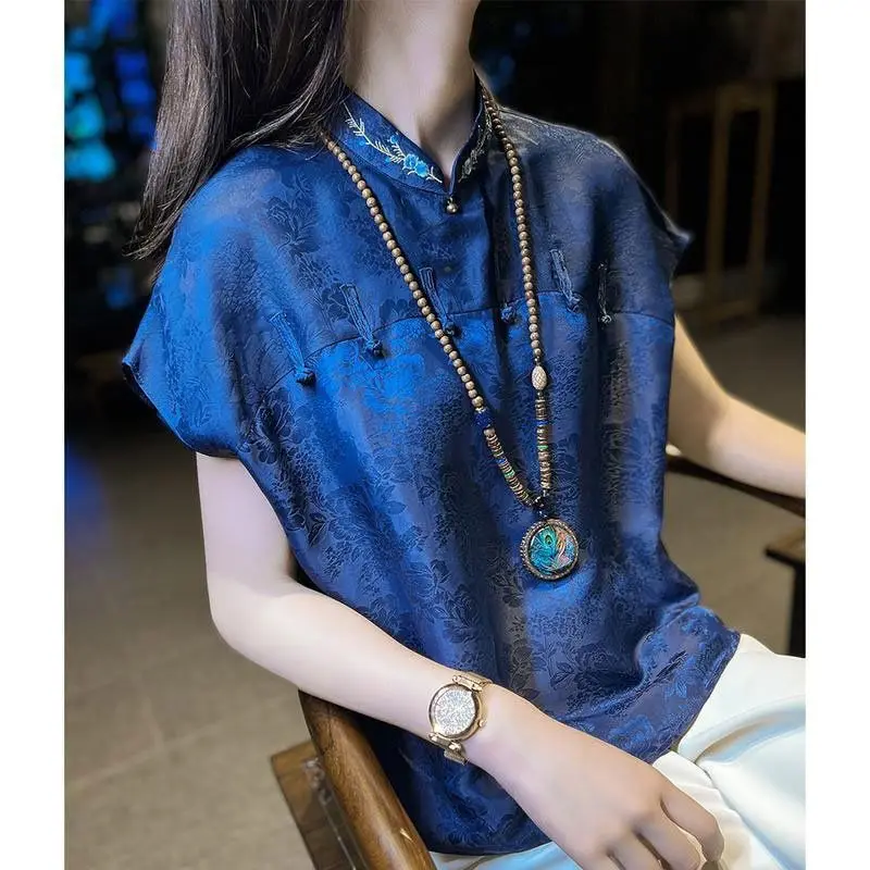 chinese style blue vintage top cheongsam blouse women solid color loose shirt daily hanfu top oriental jacquard vintage top