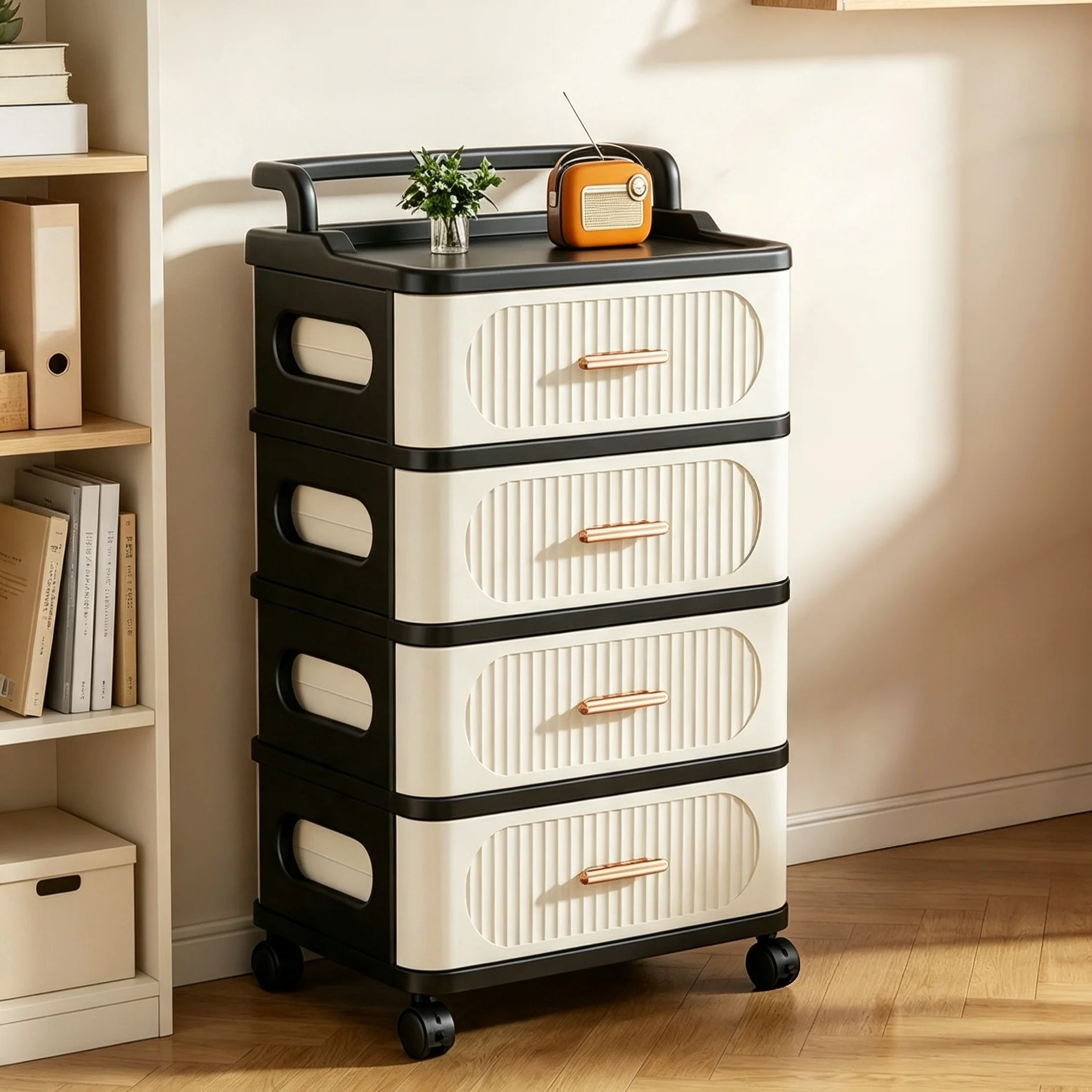 Snack storage cart, multi-level floor-standing household drawer-style storage cabinet, mobile children's toy storage rack