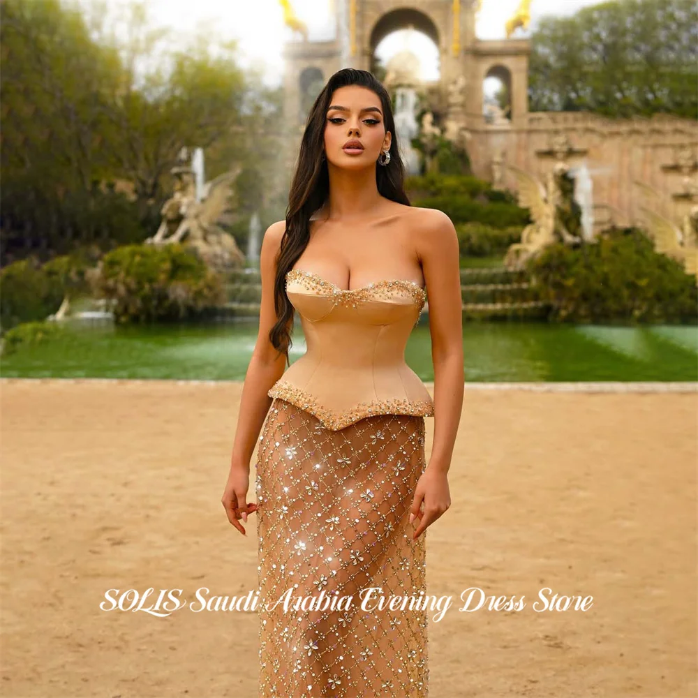 SOLIS Champagne 프롬 드레 Strapless Straight Prom Gown Beading On Chest Party Dress for Formal Event Gorgeous Simple Customized