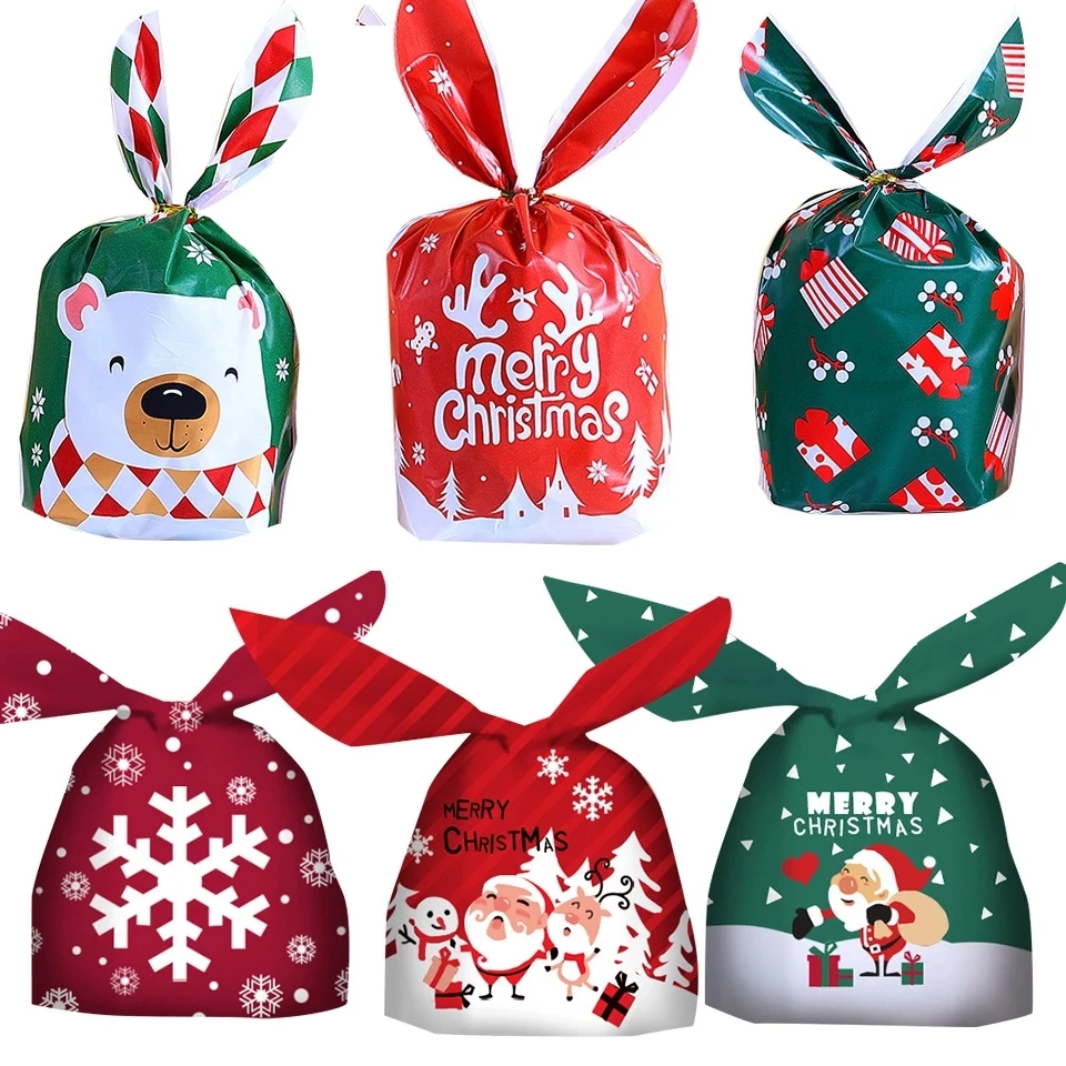 10/20pcs Christmas Rabbit Ear Candy Bags Carton Santa Claus Snowman Printed Gifts Bags For Noel Xmas Cookies Packing Supply