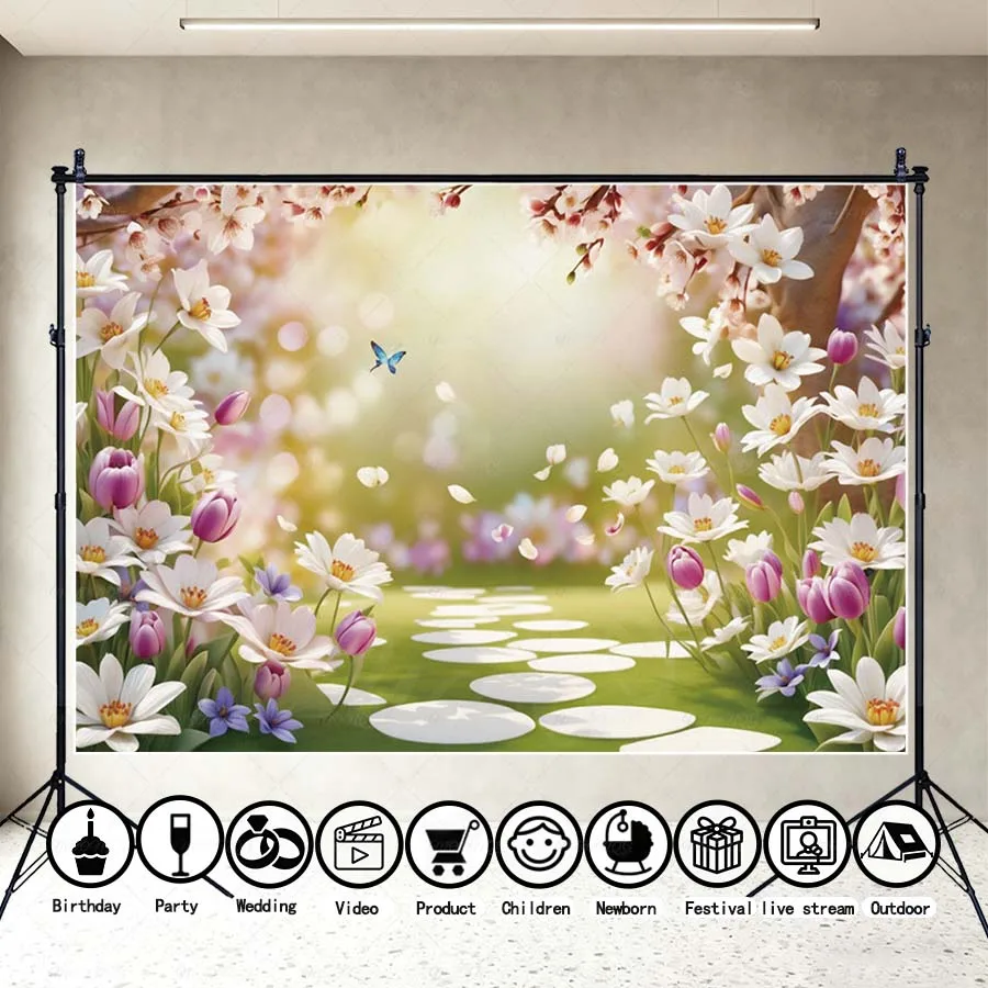 

MOON.QG Floral Walkway Backdrop Pink Blossoms Stone Path Butterflies Photography Background Child Photo Studio Wall Photozone