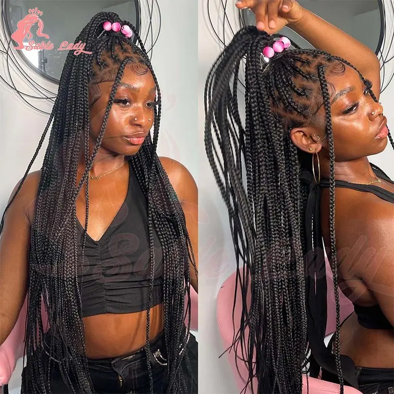 36 بوصة طويلة كامل الدانتيل شعر مستعار مضفر للنساء السود الاصطناعية Knotless صندوق الضفائر شعر مستعار الأفرو آلهة Locs اليدوية كورنو شعر مستعار #5