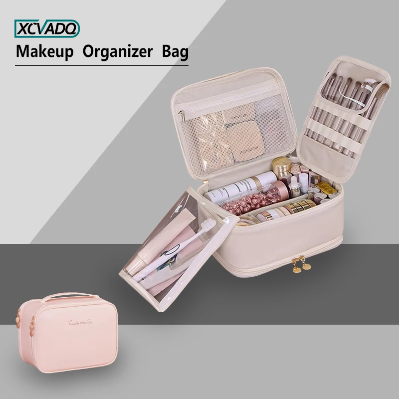 

1pcs Travel Toiletry Makeup Bag for Women, Portable Hanging Organizer for Full-Sized Shampoo, Conditioner, Brushes Set