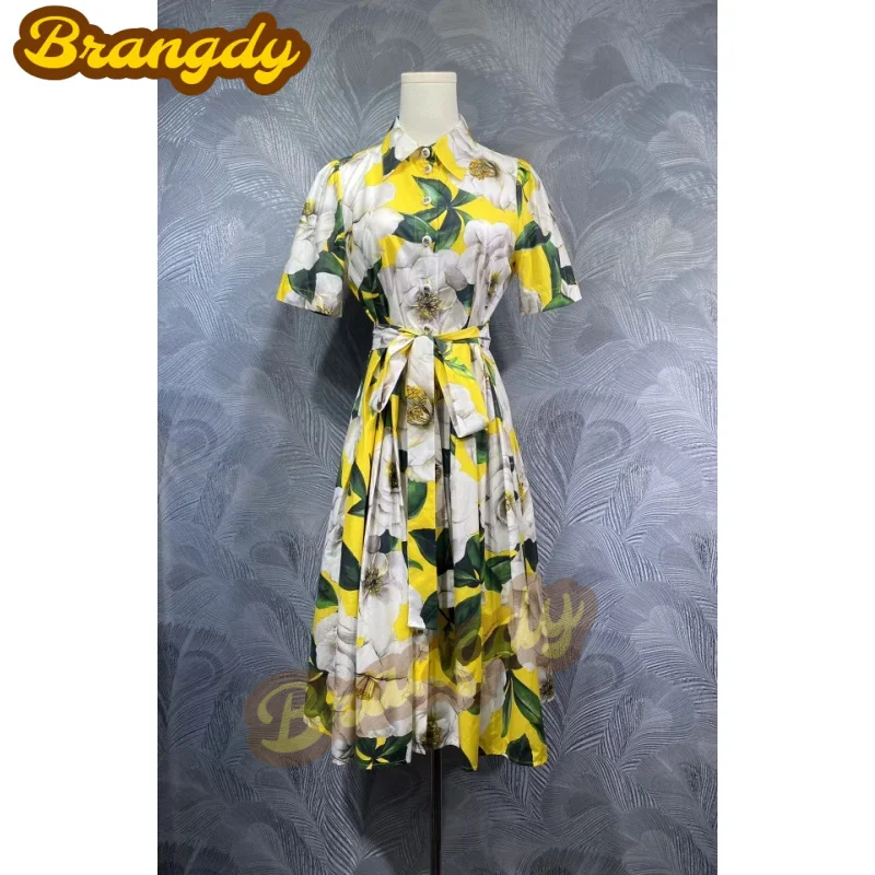 

Brangdy Luxury 2025 Summer New Lapel Cotton Printed Short Sleeve Dress