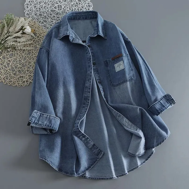 

Splicing Denim Shirt Women's Coat 2024 Spring Autumn New Korean Cowboy Jacket Loose Long-Sleeved Light Jeans Outwear Ladies Tops