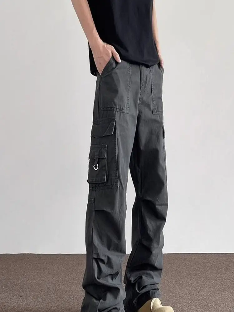 Multi Pocket Men's Retro Casual Thin Pants Solid Color Wide Leg Straight Bottom Autumn Street Style Male High Waist Trousers