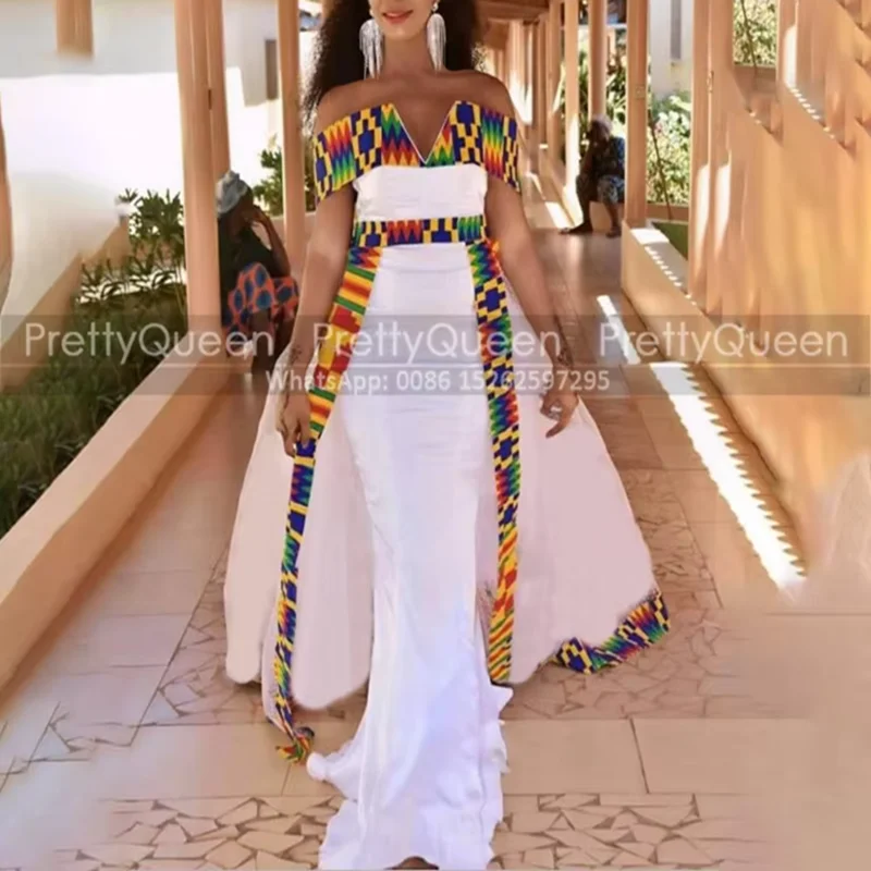 

Aso Ebi Overskirt Mermaid Prom Dresses Off Shoulder Customized African Women Print Wax Long Sweep Train Party Dress