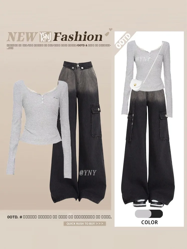 

Tight Fitting Gradient Long Sleeve T-Shirt And Jeans Women's Fashion Set Casual Style round Neck Short Sleeve Crop Top