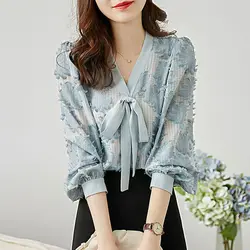 Fashion Commute Women's Applique Lantern Sleeve Shirt 2022 Spring Autumn Female Clothing Solid Color Korean V-Neck Bow Blouses