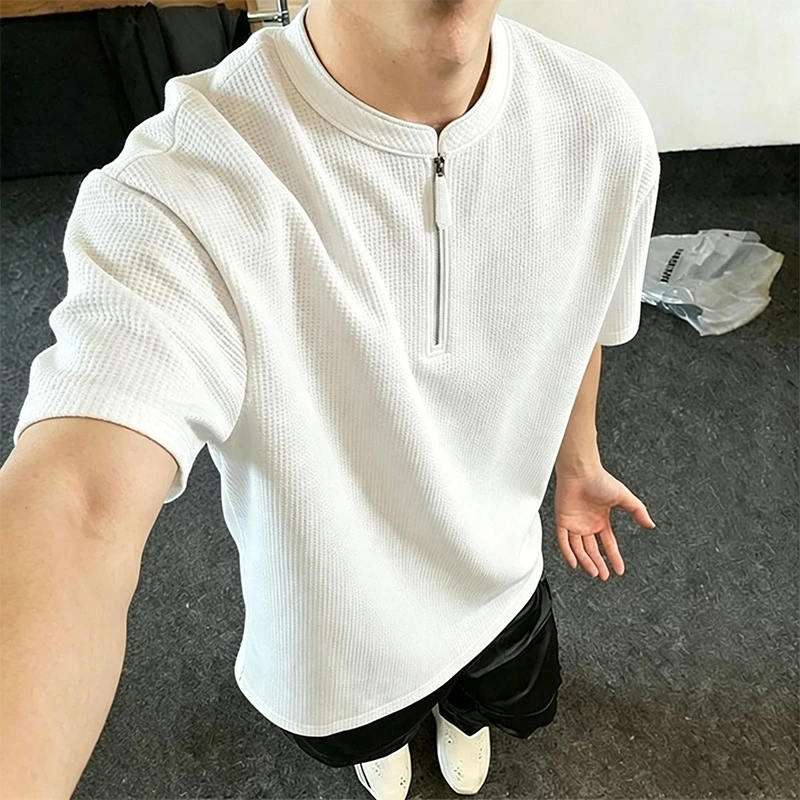 Men Half Zip Waffle Texture Tee 2026 Summer American Streetwear Minimal Design Casual Solid Short Sleeve Male Top Navy Black