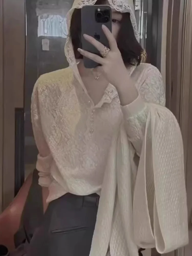 Suéter de malha com capuz de renda Faionable feminino outono inverno exclusivo Sle Personali Match All over Top versão coreana Slim...