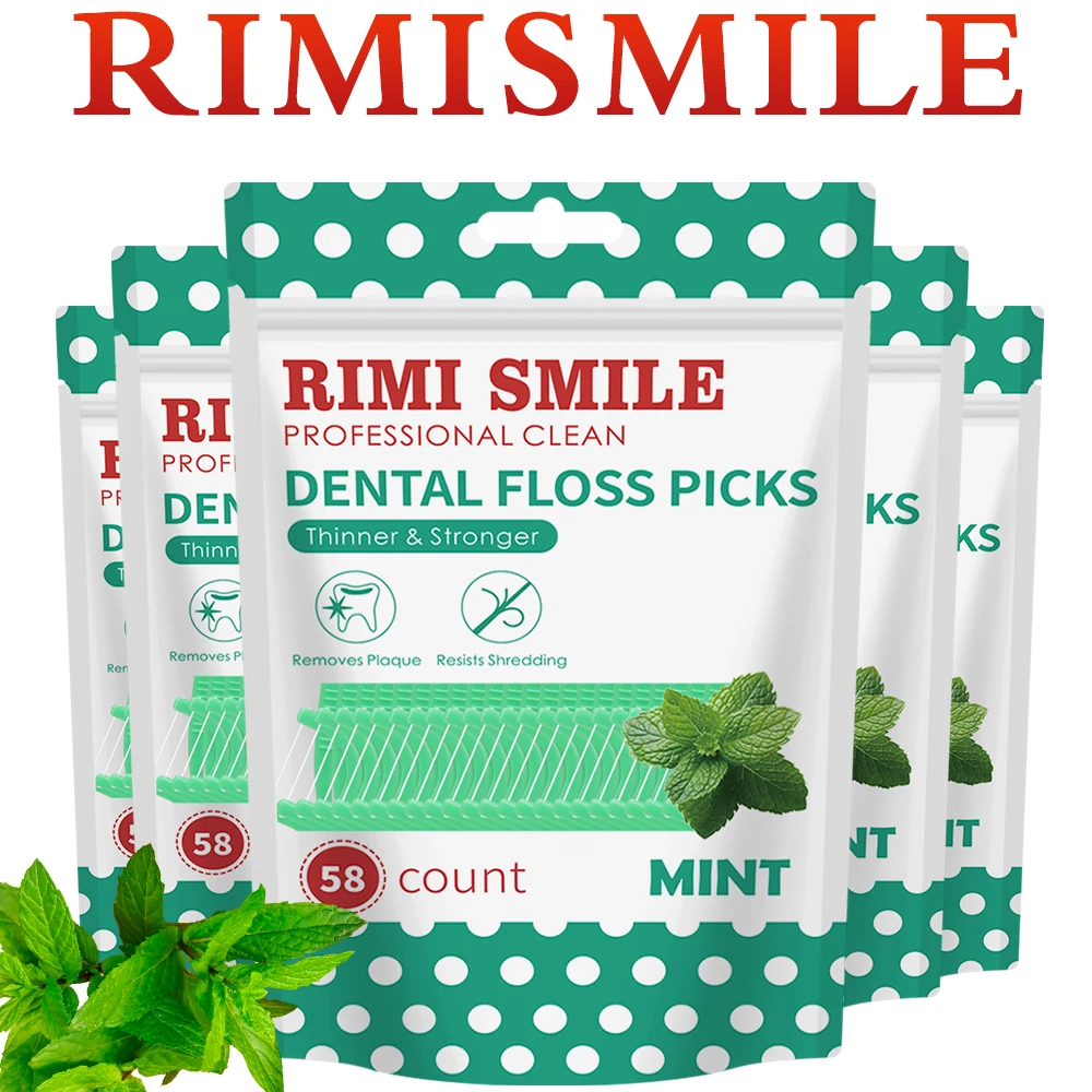 

Зубные нити-флоссеры RIMI SMILE Mint с портативным дорожным футляром, 58 штук, более тонкие и прочные нити, устойчивые к разрывам, для удаления налета