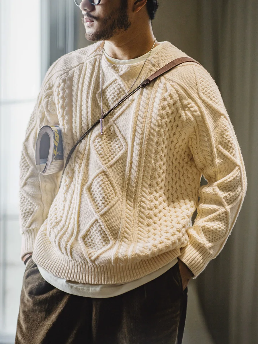 

American Retro Knitted Men's Sweater round Ne Fierman Wheat White Twist Knitwear Casual Straight Cut Thiened Long Sve
