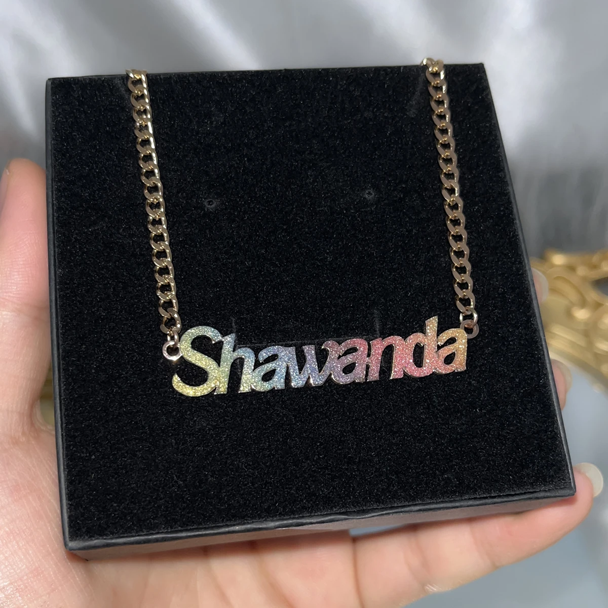 Custom Name Necklace Name Necklace Colorful Sticker Pendant Stainless Cuban Chain Choker Personalized Jewelry Gift