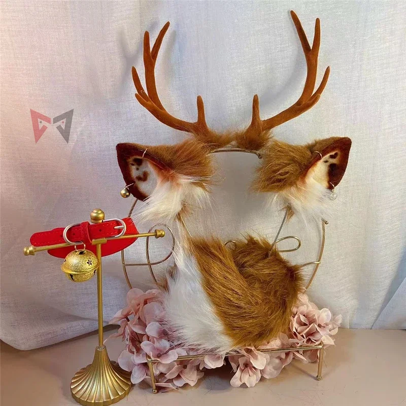 

New Brown Deer Horns Ears Hair Hoop Headwear Bell Earrings Tail Christmas Costume Accessories Hand Made Work