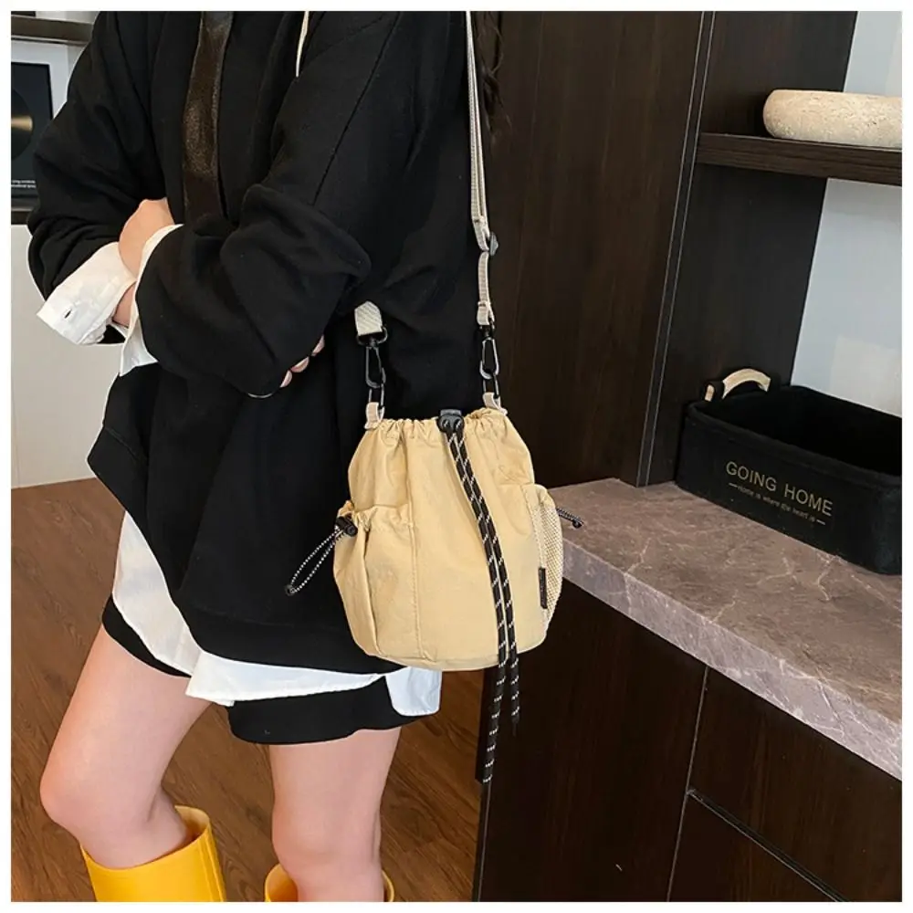 

Korean Style Drawstring Bucket Bag Purse Solid Color Nylon Shoulder Bag Mobile Phone Bag Handbag Small Crossbody Bag Girls