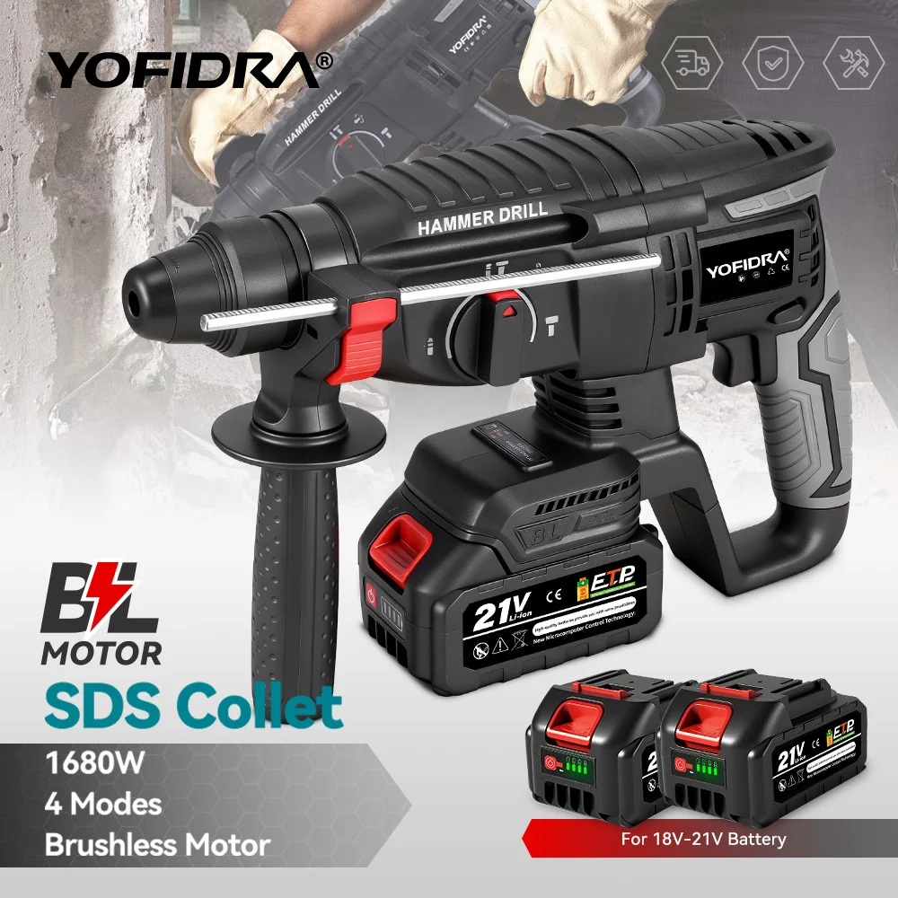 YOFIDRA 1680W 26MM Bürstenloser Elektrischer Bohrhammer Multifunktions-Bohrhammer Schlagbohrmaschine Elektrowerkzeug für Makita-Akku