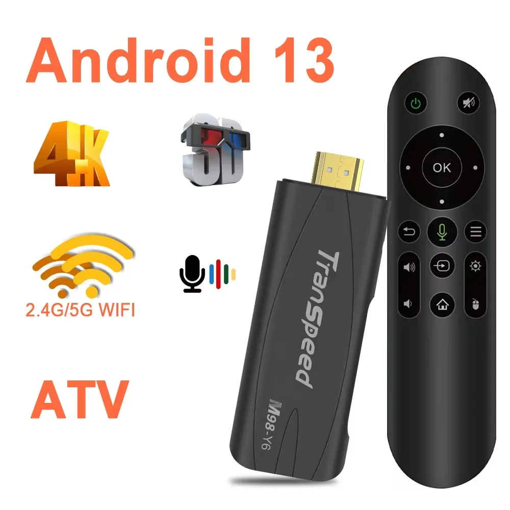 Transpeed TV Stick Android 13 ATV con Aplicación de TV, Caja de TV 4K 3D, Control por Voz 2.4G y 5G, Reproductor Multimedia, Receptor de TV, Decodificador