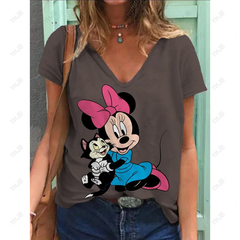 Oversized Summer Mickey Mouse Print T Shirt Women Short Sleeve 3D Disney Minnie Shirt Fashion Casual V-Neck Ladies Loose Top