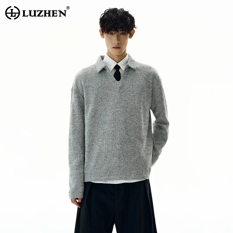 

LUZHEN 2025 Stylish Elegant Handsome Polo Collar Knitted Pullover Men's Korean Trendy Solid Color Fleece Textured Sweater JY5181