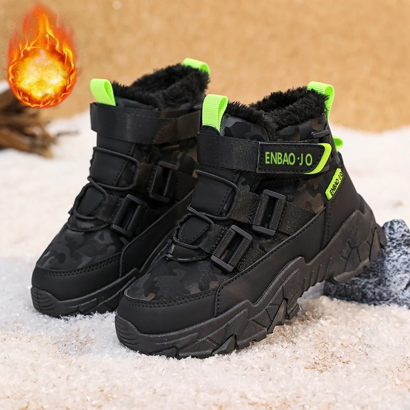 

New Kids Boots Winter Warm Plush Lining Sports Shoes for Children Anti-slippery Wear-resistant Outdoor High-top Cotton Sneakers