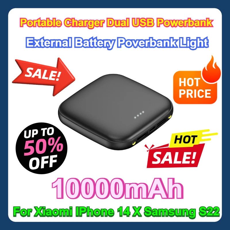 

For Xiaomi IPhone 14 X Samsung S22 External Battery Poverbank Light 10000mAh Mini Power Bank Portable Charger Dual USB Powerbank