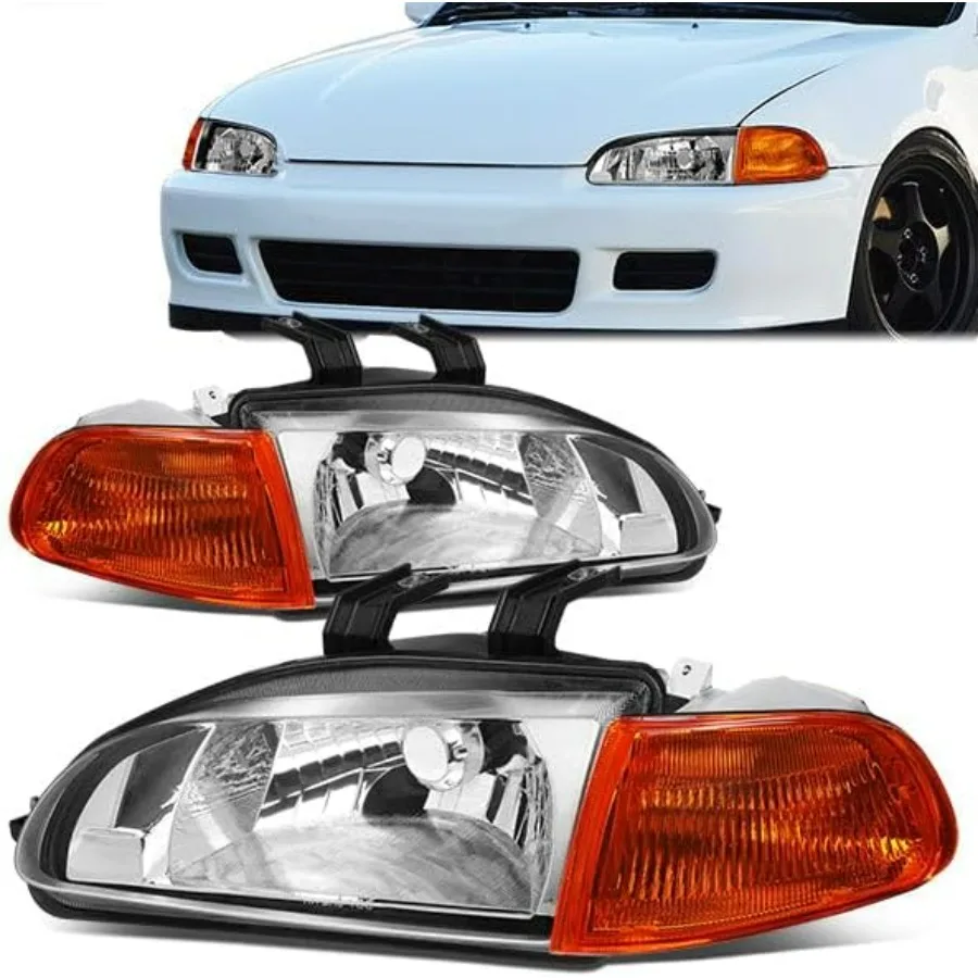

Headlight Assembly with Amber Corner Lights Compatible with Honda Civic Hatchback Coupe 1992-1995 2Dr 3Dr Left Right Chrome Hou