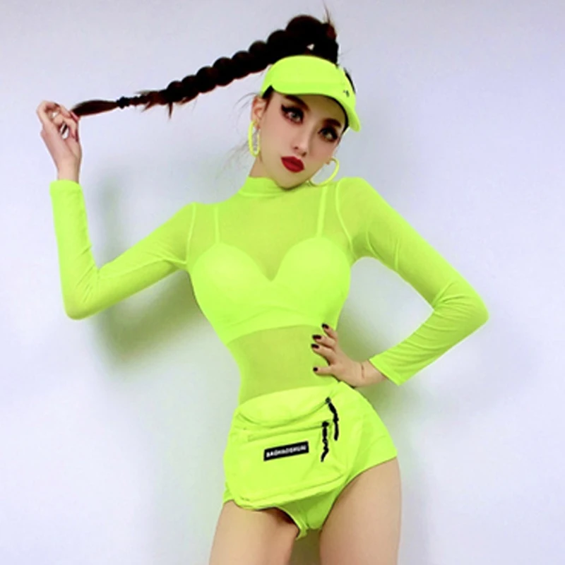 New Nightclub Bar Female Gogo Dancer Fluorescent Green Mesh Sexy Jumpsuit Bikini Jazz Pole Dance Costume Ds Dj Clothing DNV16001