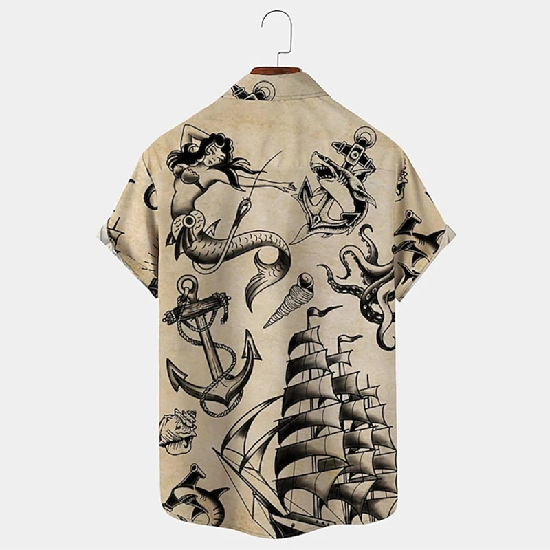 Men\'s Vintage Mermaid Print Shirts Boat Anchor Print Button Shirts Summer Ocean Element Shirts Men\'s Hawaiian Leisure Shirts