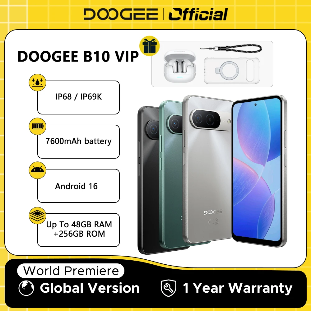 Global Version DOOGEE B10 Smartphone Android 16 7600mAh Battery 6GB 256GB 6.6'' Display 64MP AI Camera IP68 / IP69K Mobile Phone