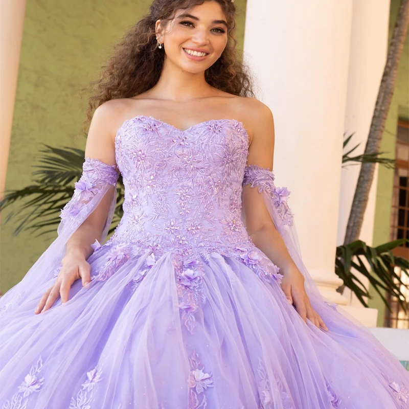 Lavender Sexy Strapless Ball Gown Quinceanera Dresses 3D Flower Appliques Tull Cinderella 16 Princess Gowns Vestidos De 15 Anos