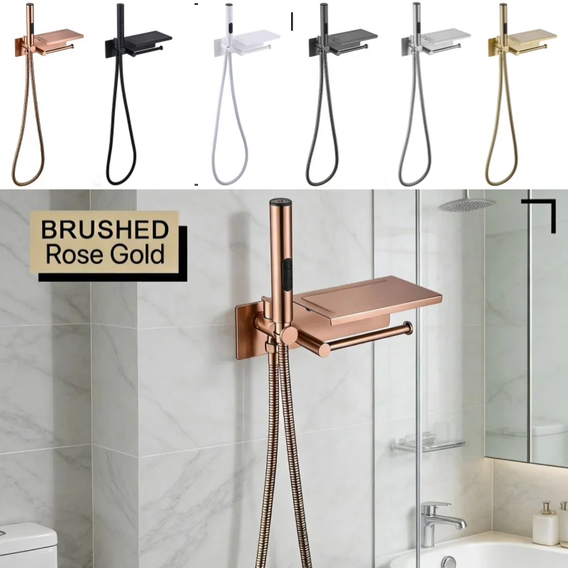 Brushed Rose Gold Bidet Faucet Hand Protable Toilet Bidet Toilet Bidet Faucet Bathroom Shower Head With Cover Paper Holder