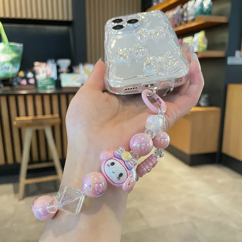 Sanurgente-Porte-clés perlé avec pendentif pour sac à dos, étui mobile pour fille, cadeau mignon, téléphone, Johello Kitty, Cinnamoroll, ma mélodie, Kuromi Pochacco