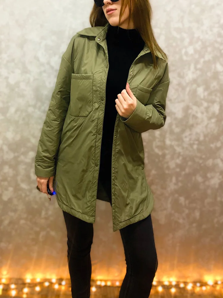 Traf Women\'s Shirts Jackets green Thin Parka Oversize Shirt Coats Femme Outerwear Coats Bf Long Sleeve Khaki Coats Spring Jacket