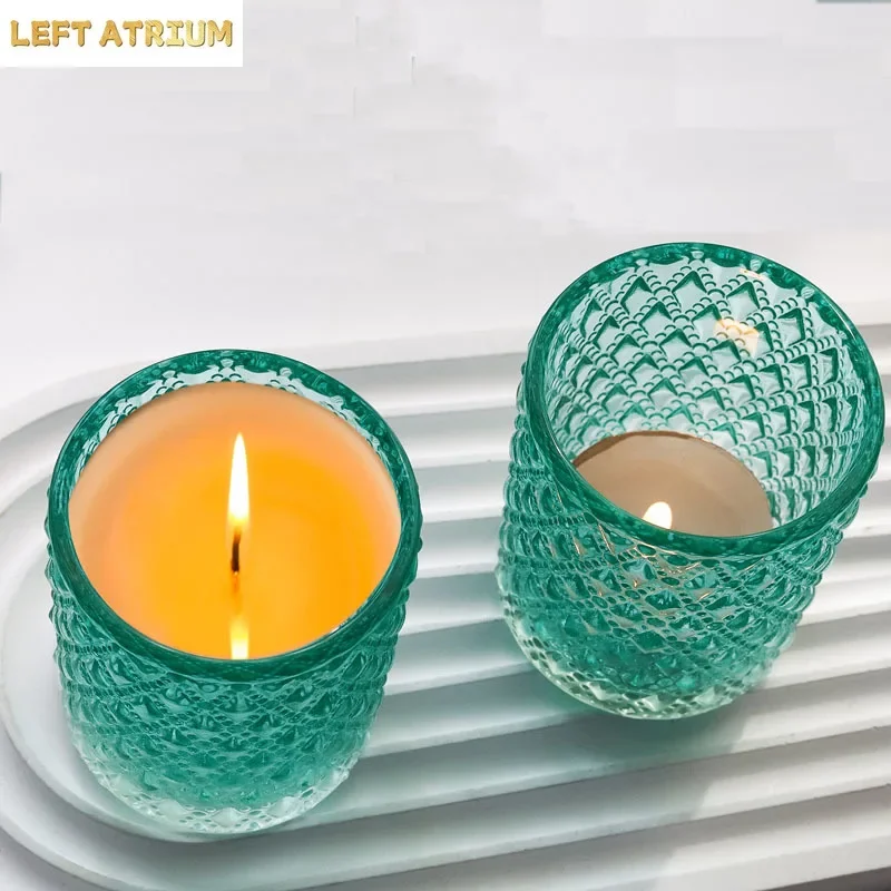Iridescent French 6 pcs/set White green Glass Candle Cup Holographic Holder Vintage Embossed  Ornaments table decoration