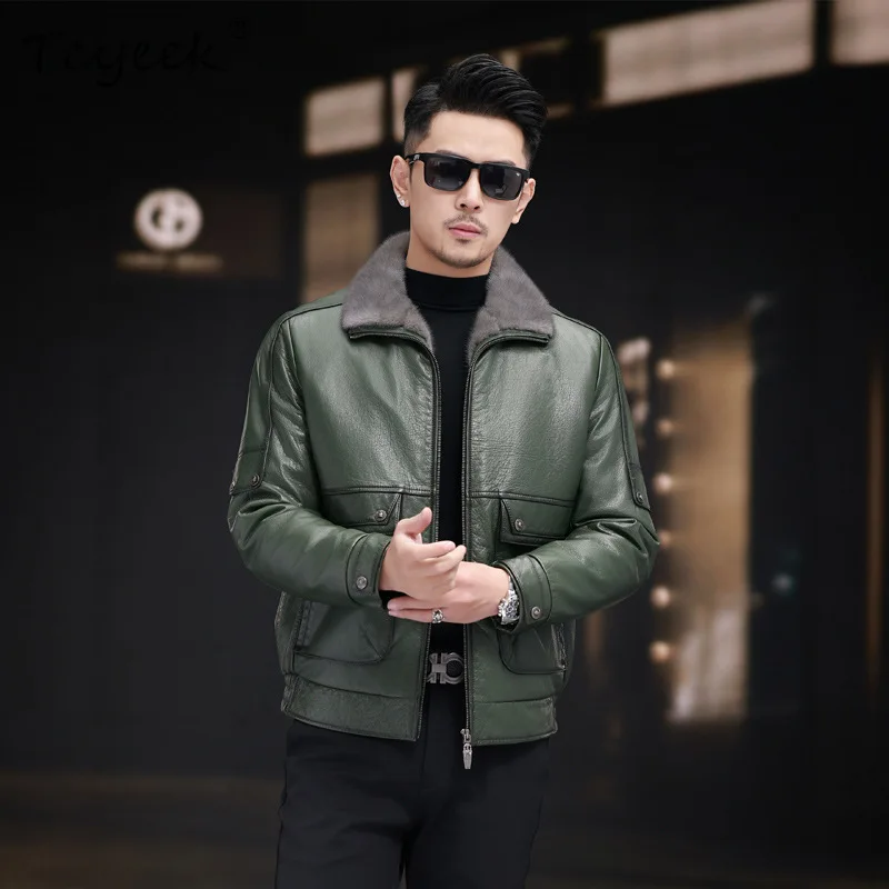 Tcyeek طبقة علوية من جلد البقر سترة جلدية أصلية معطف فرو منك حقيقي ملابس شتوية للرجال معاطف رجالية غير رسمية للأعمال