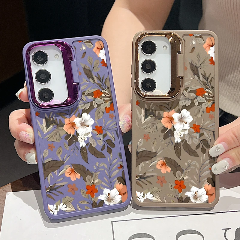 Flowers Print Lens Frame Stand Case For Samsung Galaxy S24 S23 Ultra A55 A15 A25 A35 A14 A34 A52 A53 A54 5G Soft TPU Phone Cover image 6