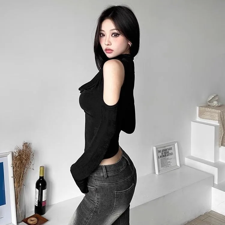 Sexy Off Shoulder Hollow Out Tops Mujer Y2k V-neck Slim Fit T-shirt for Women 2024 Summer New All-match Black Tee Shirt