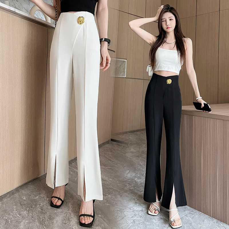 

Lady Fashion OL Split Hem Bell-bottoms Pants Women Clothing Girl Chic High Waist Zipper Fly Trousers Female Streetwear Clothes 2