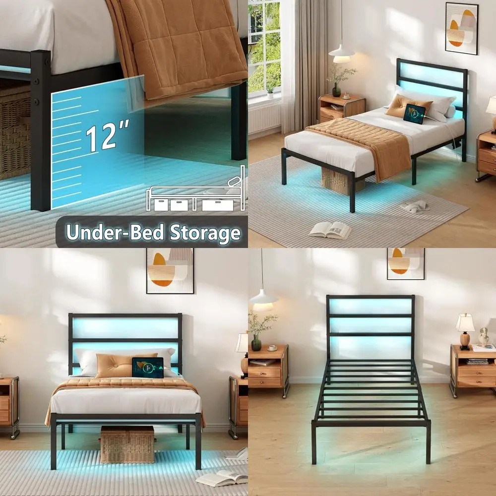 

Black Heavy-Duty Steel Twin Bed Frame with LED USB Charging, Mattress Support, and Under-Bed Storage - No Box Spring Needed