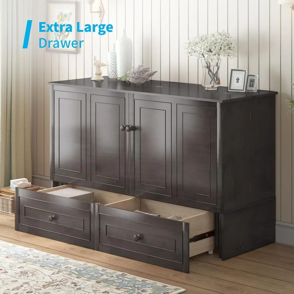 Murphy Cabinet Bed Queen Size k Grey | with Tri-olding Mattr, 2 Storage Ders & USB Charging Station, Wooden Wall Chest Bed - view 4