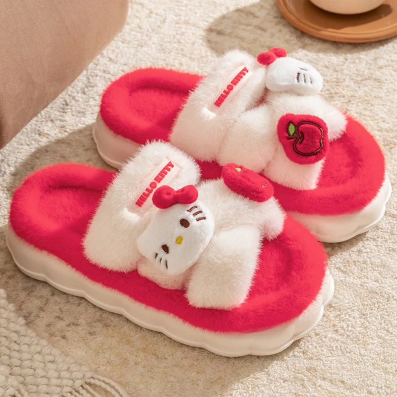 

Genuine Sanrio Hello Kitty Plush Slippers Kuromi My Melody Warm Winter Indoor Slippers Flat Casual Non-slip Girl Home Shoes